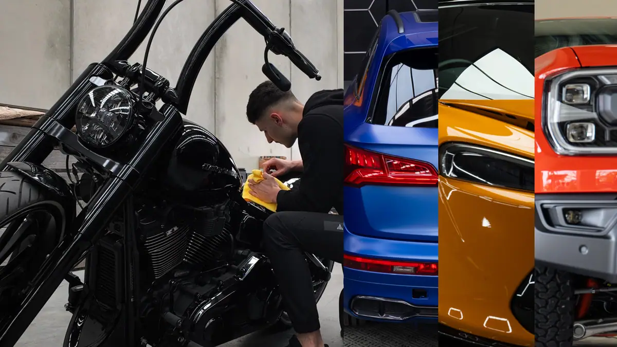 OzoneShield PPF work: a technician finishing a Harley-Davidson, a blue Audi, an orange McLaren and an orange Ford Ranger Raptor
