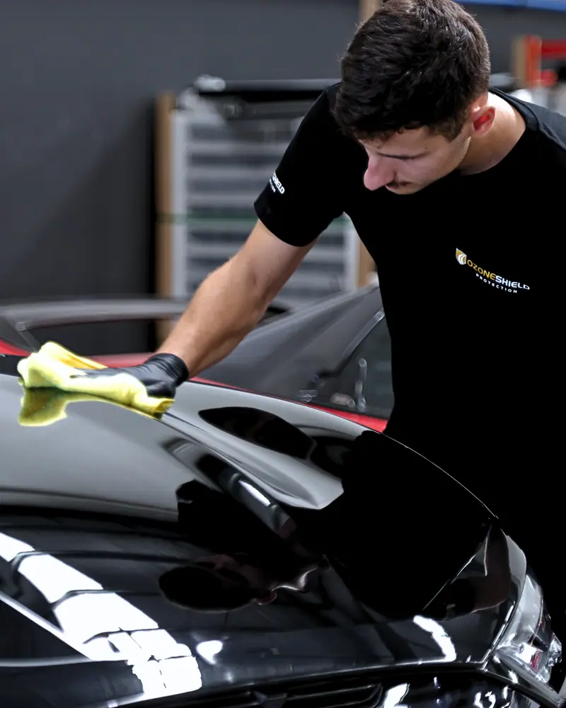 OzoneShield technician applying ceramic coating to a wrapped black vehicle